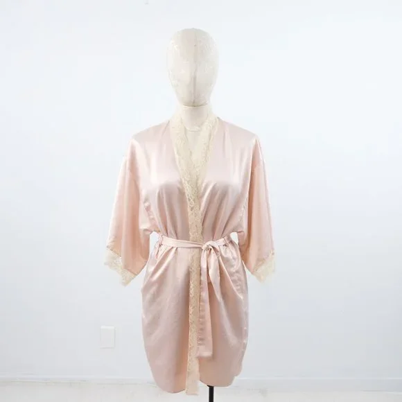 SOLD Luxury S Robe Satin Lace Kimono Pink Hollywood Glam Wedding Bridal Gift - Picture 10 of 10